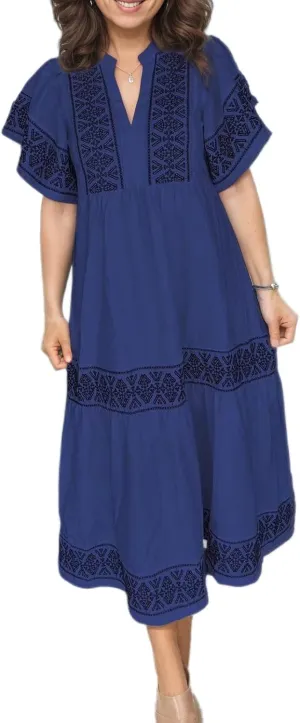 Akivide Women's Summer Boho Flutter Short Sleeve Midi Dress Flowy Casual Ruffle Tiered Beach Vacation Dress with Pockets