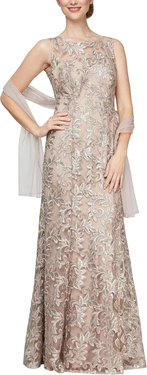 Alex Evenings Women's Long Sleeveless Mother of The Bride Dress with Shawl (Petite and Regular Sizes)