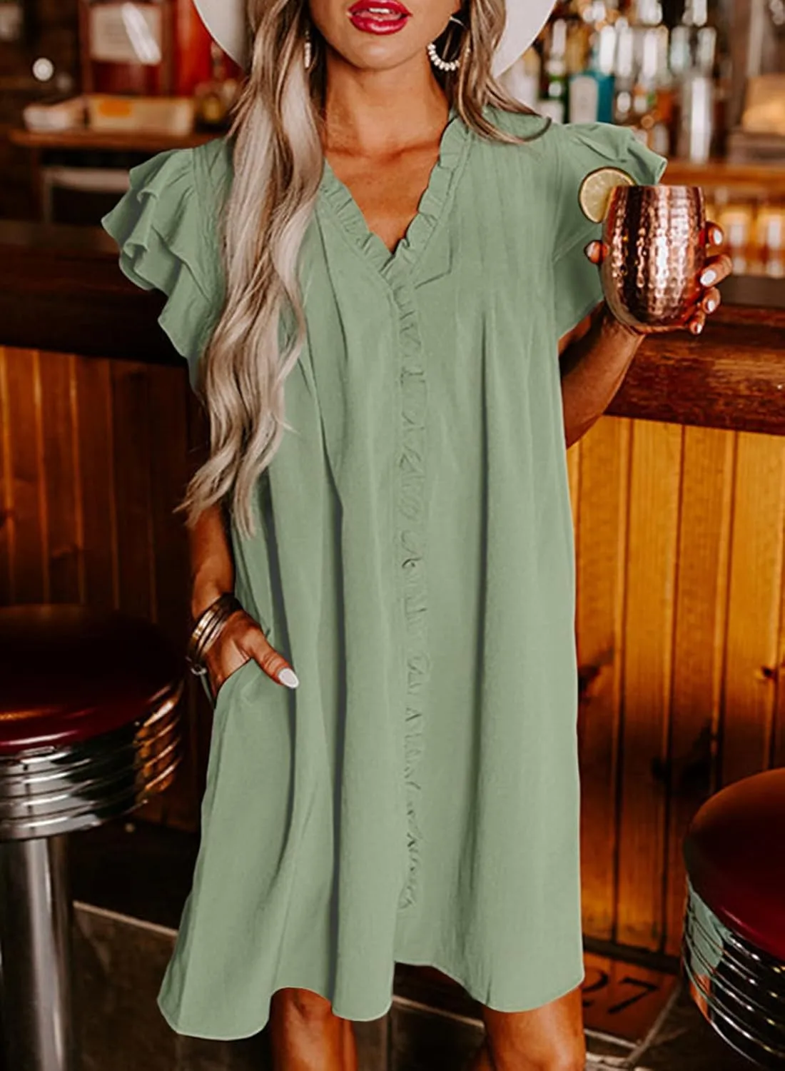AlvaQ Womens Summer Dresses 2025 V Neck Ruffle Cap Short Sleeve Mini Dress Casual Flowy Pleated A Line Sundress with Pockets