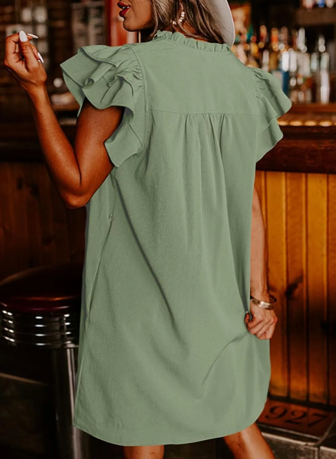 AlvaQ Womens Summer Dresses 2025 V Neck Ruffle Cap Short Sleeve Mini Dress Casual Flowy Pleated A Line Sundress with Pockets