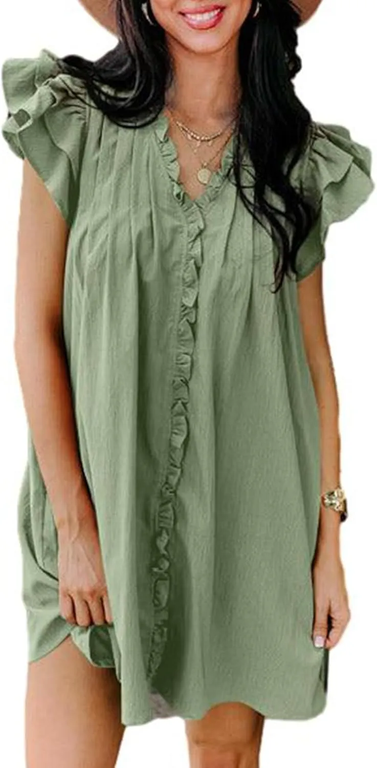 AlvaQ Womens Summer Dresses 2025 V Neck Ruffle Cap Short Sleeve Mini Dress Casual Flowy Pleated A Line Sundress with Pockets
