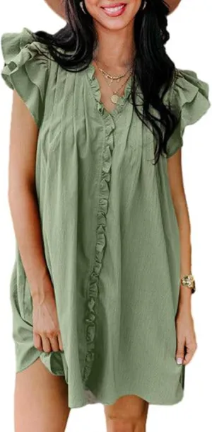 AlvaQ Womens Summer Dresses 2025 V Neck Ruffle Cap Short Sleeve Mini Dress Casual Flowy Pleated A Line Sundress with Pockets