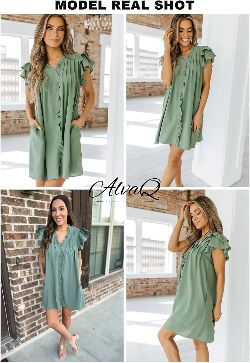 AlvaQ Womens Summer Dresses 2025 V Neck Ruffle Cap Short Sleeve Mini Dress Casual Flowy Pleated A Line Sundress with Pockets