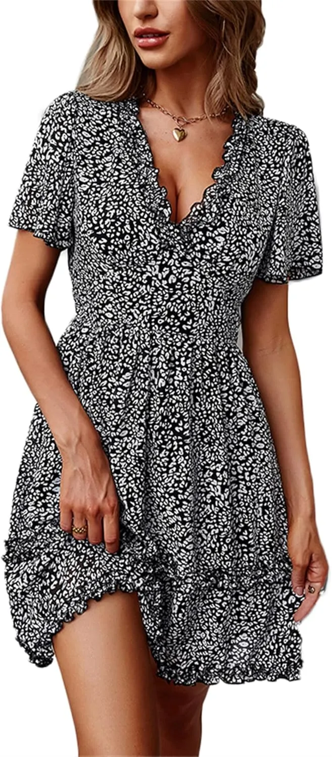 Andongnywell Women's Boho V Neck Floral Print Ruffle Sleeve Layered Mini Dress Cute Mini Waist Short Dress