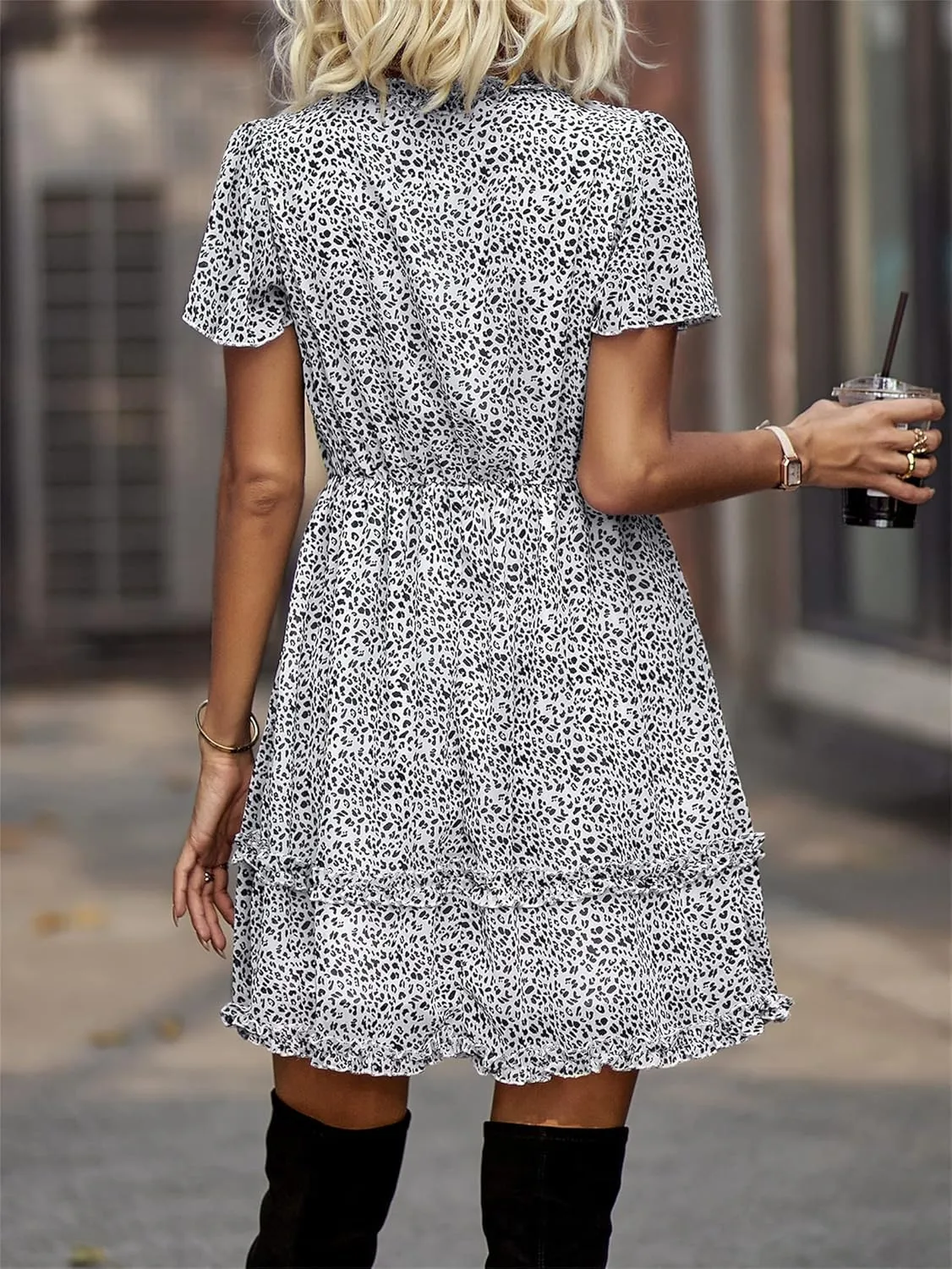 Andongnywell Womens Spring Summer Deep V Neck Ruffle Short Sleeve Boho Floral Print Mini Dress Chiffon Elegant