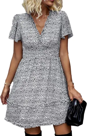 Andongnywell Womens Spring Summer Deep V Neck Ruffle Short Sleeve Boho Floral Print Mini Dress Chiffon Elegant