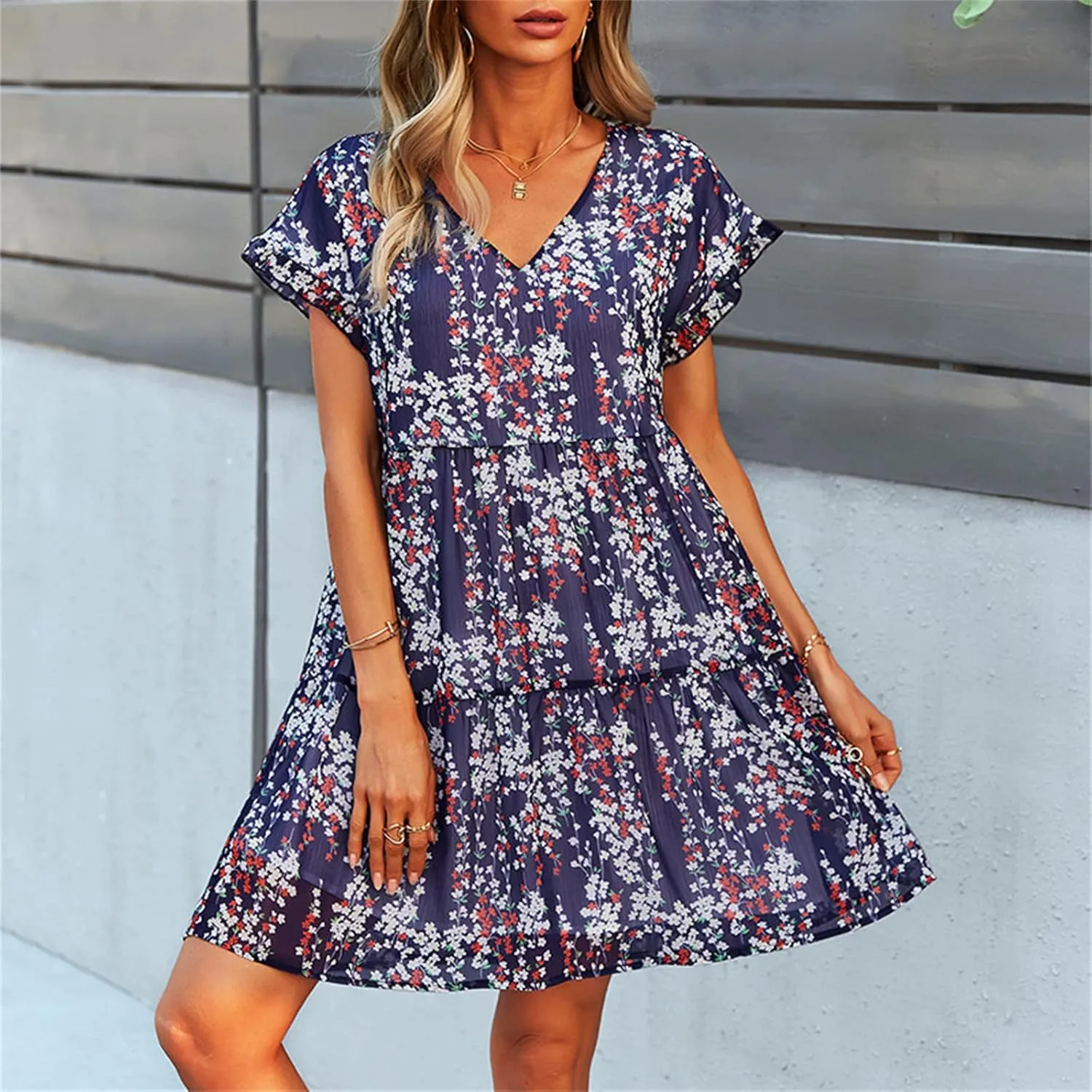 Andongnywell Womens Spring Summer Deep V Neck Ruffle Short Sleeve Floral Print Mini Dress