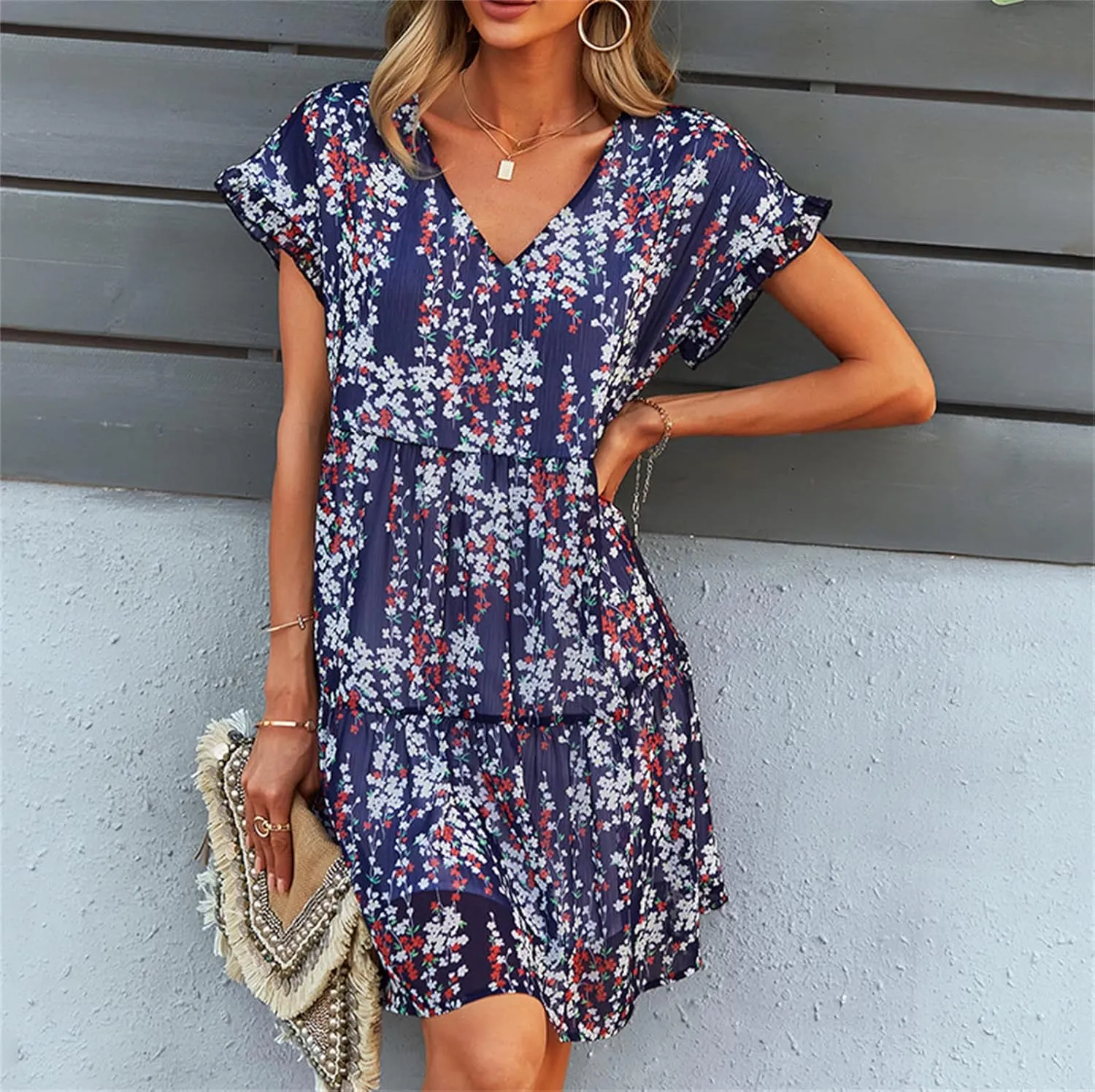 Andongnywell Womens Spring Summer Deep V Neck Ruffle Short Sleeve Floral Print Mini Dress