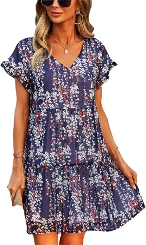 Andongnywell Womens Spring Summer Deep V Neck Ruffle Short Sleeve Floral Print Mini Dress