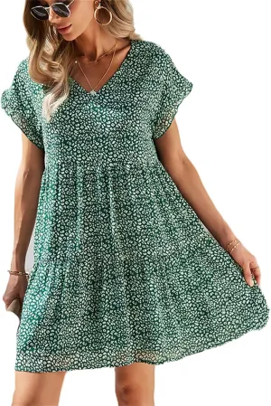 Andongnywell Womens Spring Summer Deep V Neck Ruffle Short Sleeve Floral Print Mini Dress