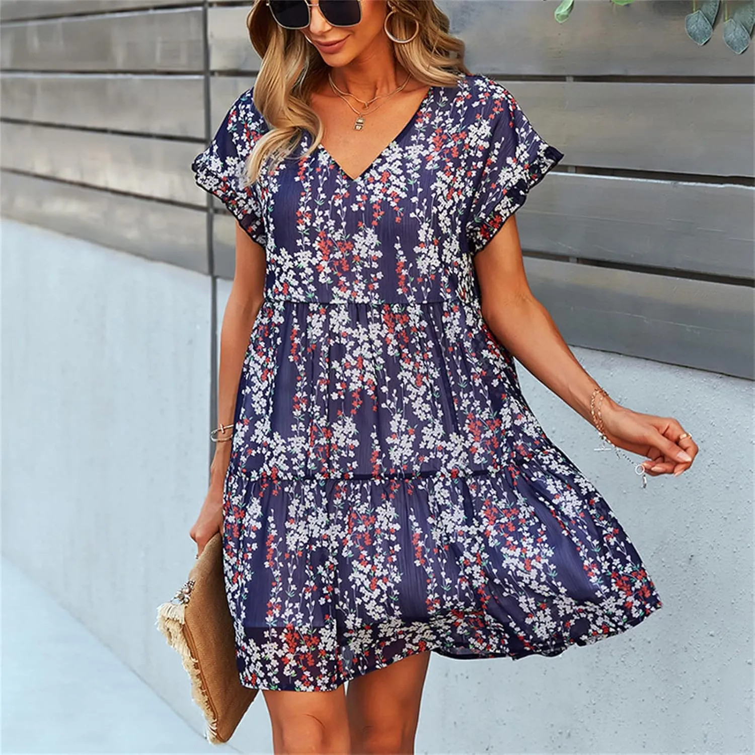 Andongnywell Womens Spring Summer Deep V Neck Ruffle Short Sleeve Floral Print Mini Dress