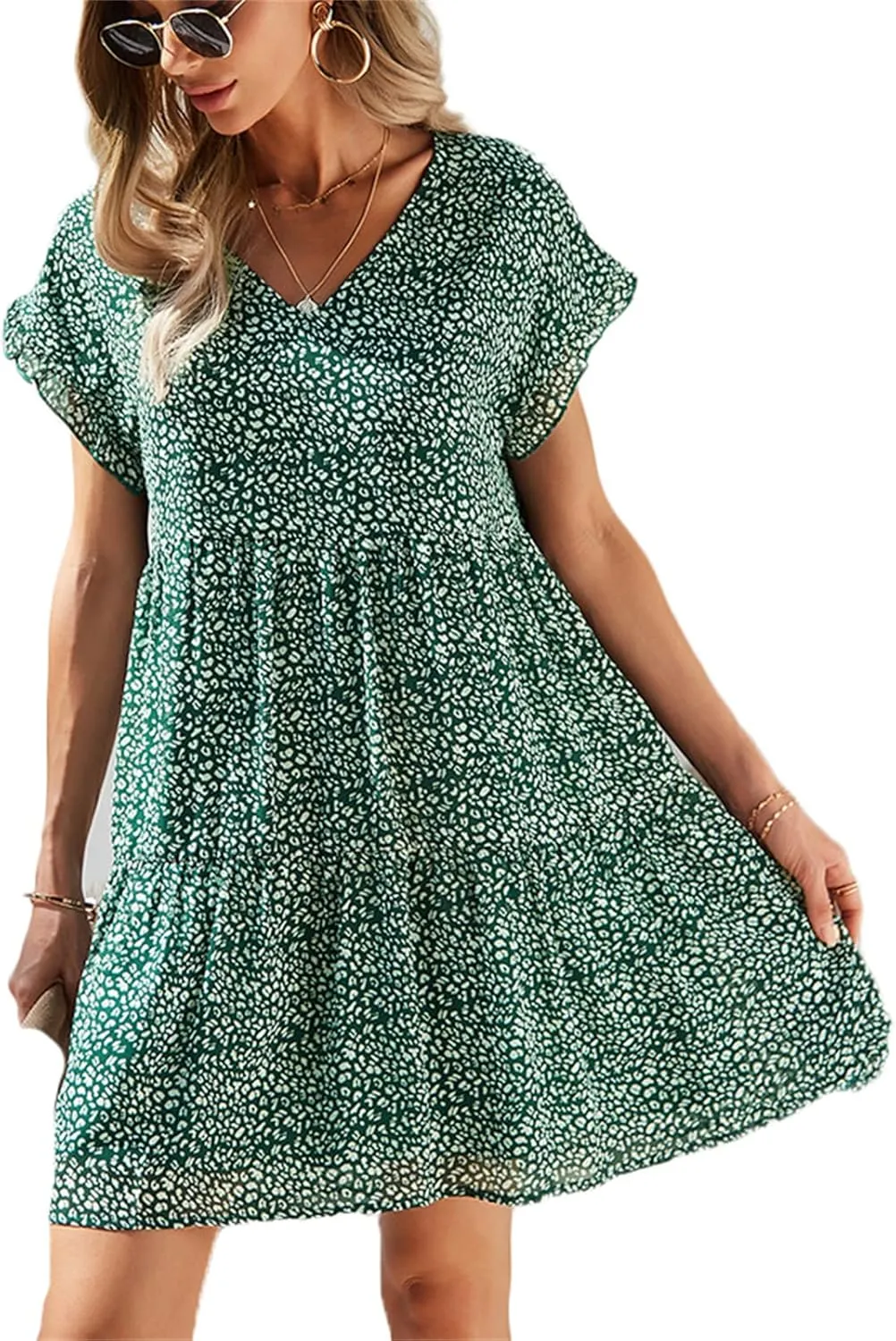 Andongnywell Womens Spring Summer Deep V Neck Ruffle Short Sleeve Floral Print Mini Dress
