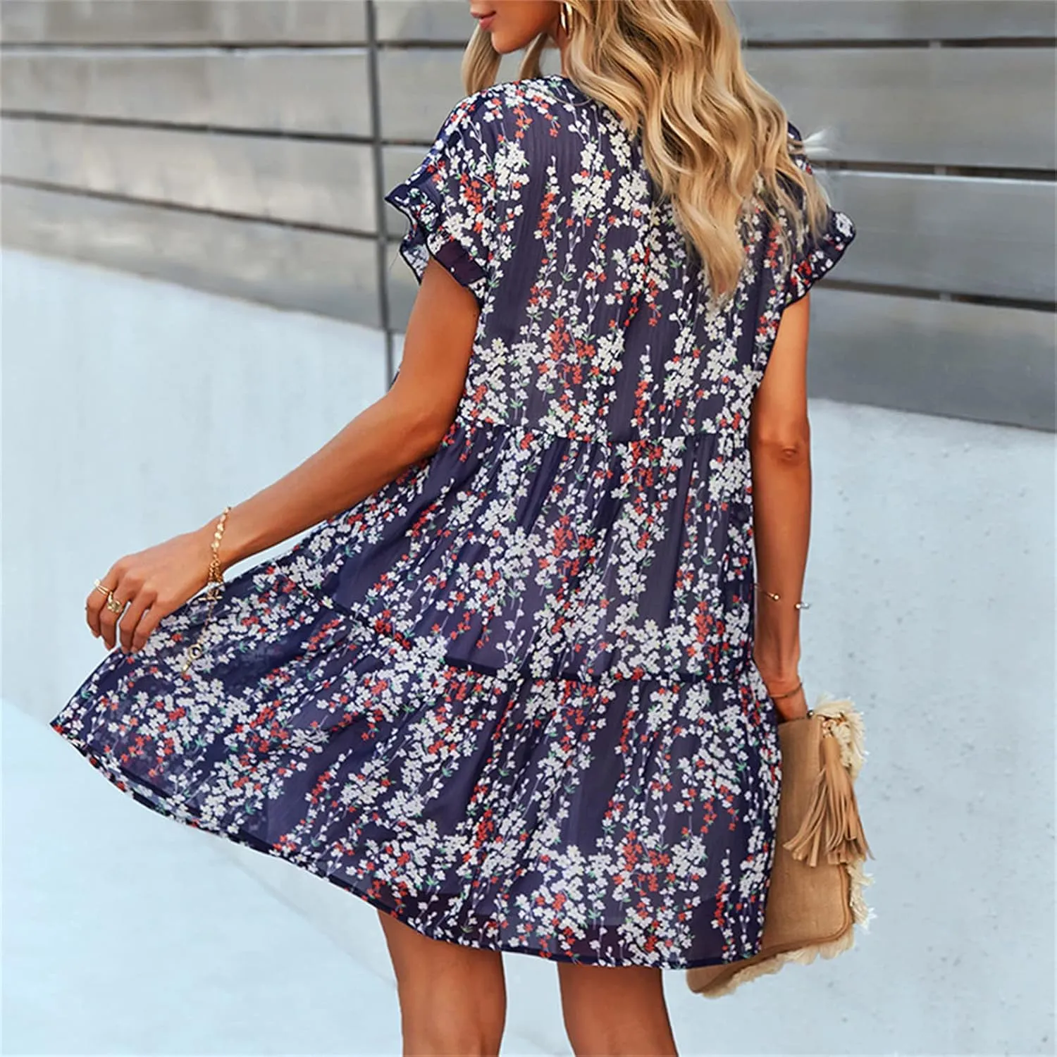 Andongnywell Womens Spring Summer Deep V Neck Ruffle Short Sleeve Floral Print Mini Dress