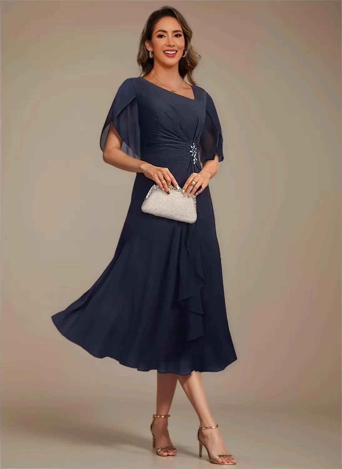 Asymmetrical Neck Mother of The Bride Dresses for Wedding Chiffon 3/4 Flutter Sleeve Beaded Formal Evening Gown PU268