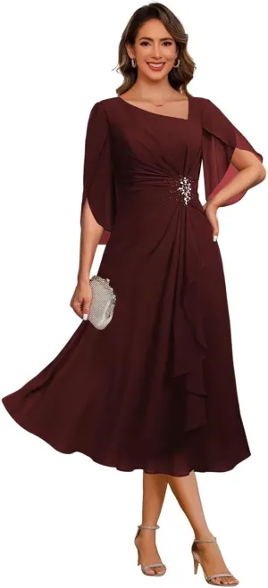 Asymmetrical Neck Mother of The Bride Dresses for Wedding Chiffon 3/4 Flutter Sleeve Beaded Formal Evening Gown PU268