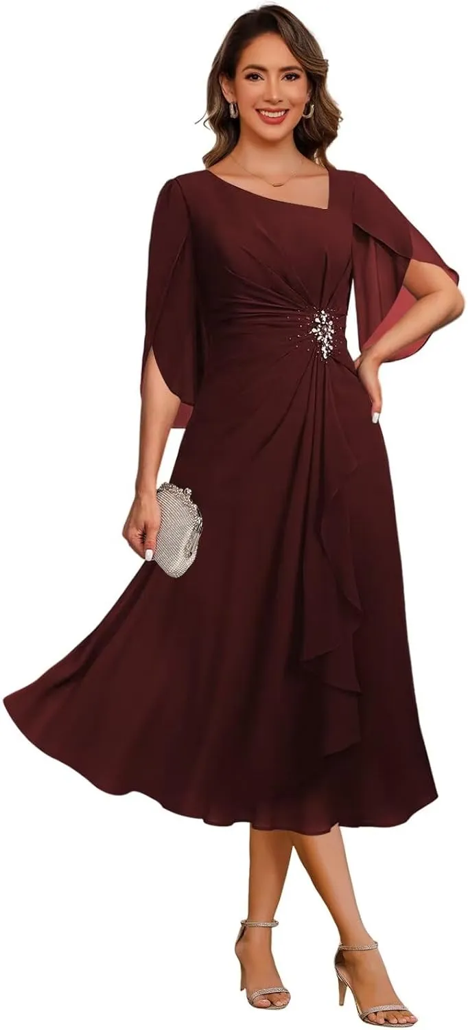 Asymmetrical Neck Mother of The Bride Dresses for Wedding Chiffon 3/4 Flutter Sleeve Beaded Formal Evening Gown PU268