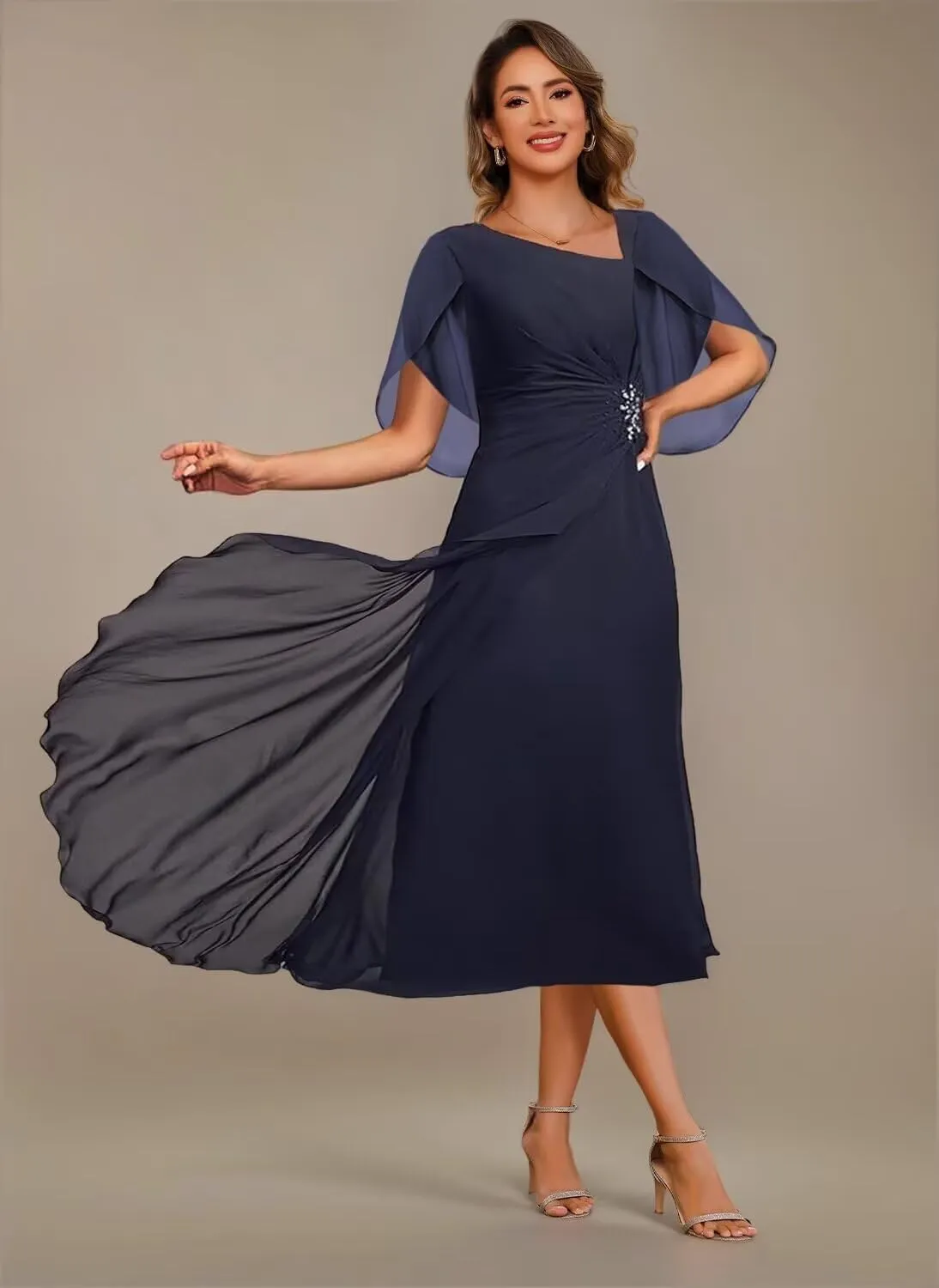 Asymmetrical Neck Mother of The Bride Dresses for Wedding Chiffon 3/4 Flutter Sleeve Beaded Formal Evening Gown PU268