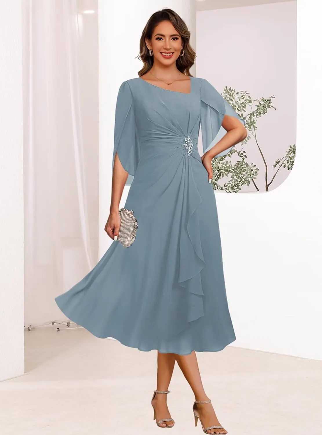 Asymmetrical Neck Mother of The Bride Dresses for Wedding Chiffon 3/4 Flutter Sleeve Beaded Formal Evening Gown PU268