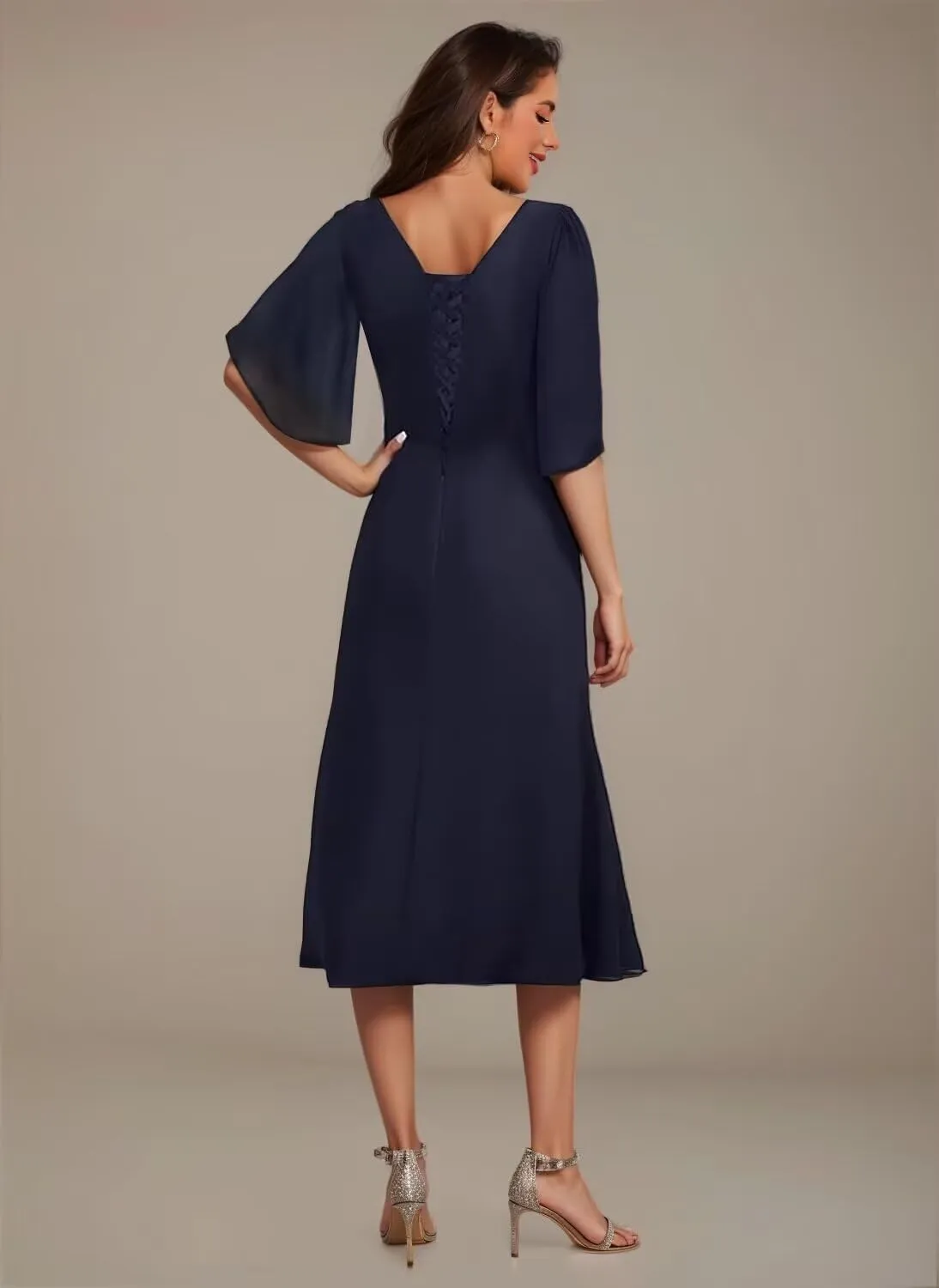 Asymmetrical Neck Mother of The Bride Dresses for Wedding Chiffon 3/4 Flutter Sleeve Beaded Formal Evening Gown PU268