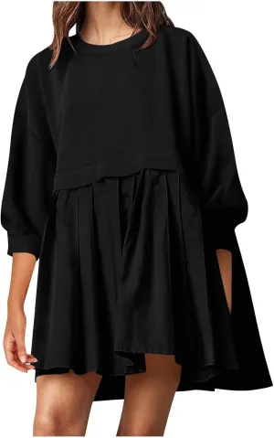 Babydoll Dresses Fall 2024 Long Sleeve Pleated A Line Swing Patchwork Lightweight Dress Crewneck Casual Mini Dresses