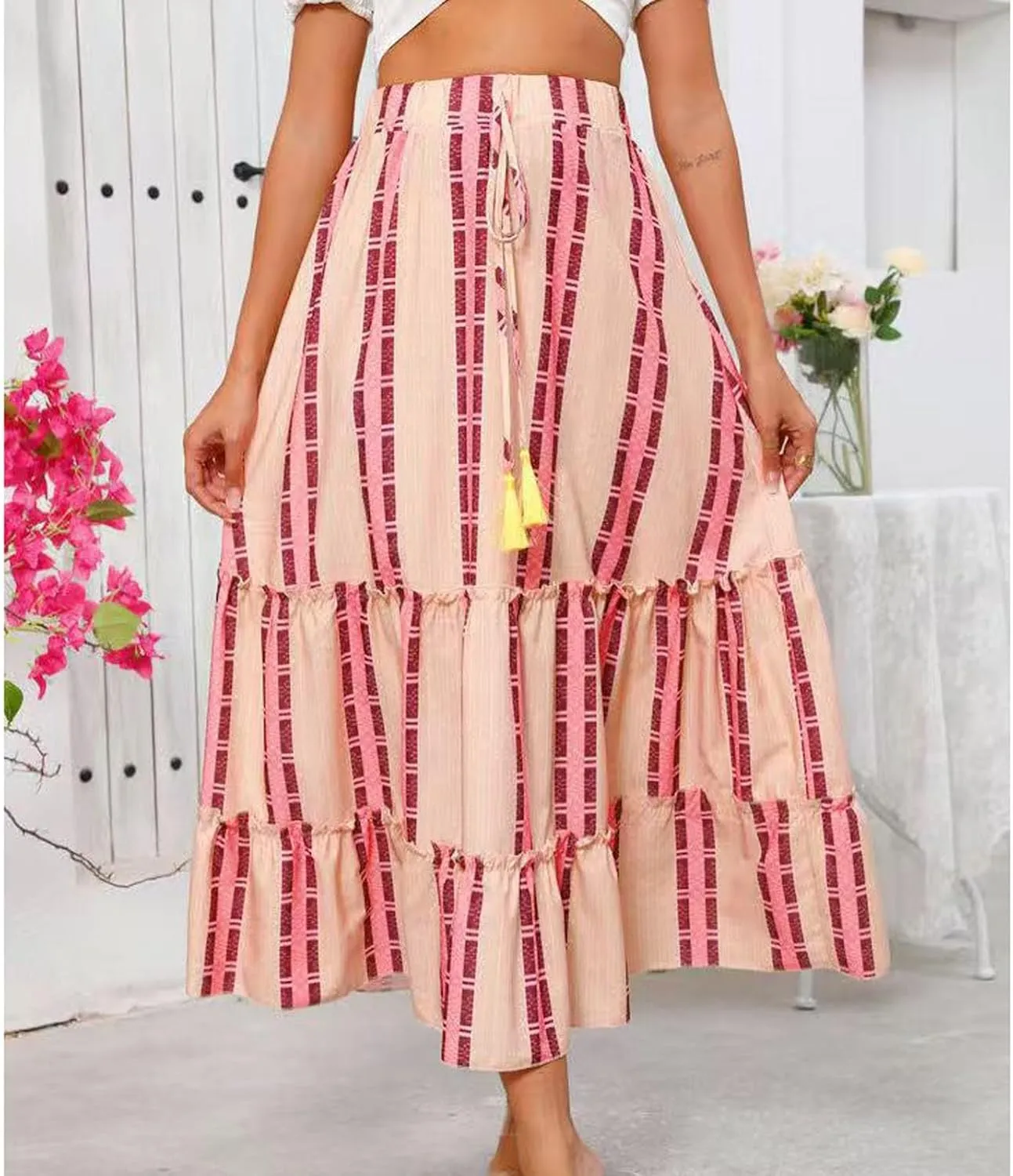Beach Vacation Clothes for Women Summer Loose Casual Trendy Vintage Floral Printed Elastic Waist Boho Skirts, S-XL