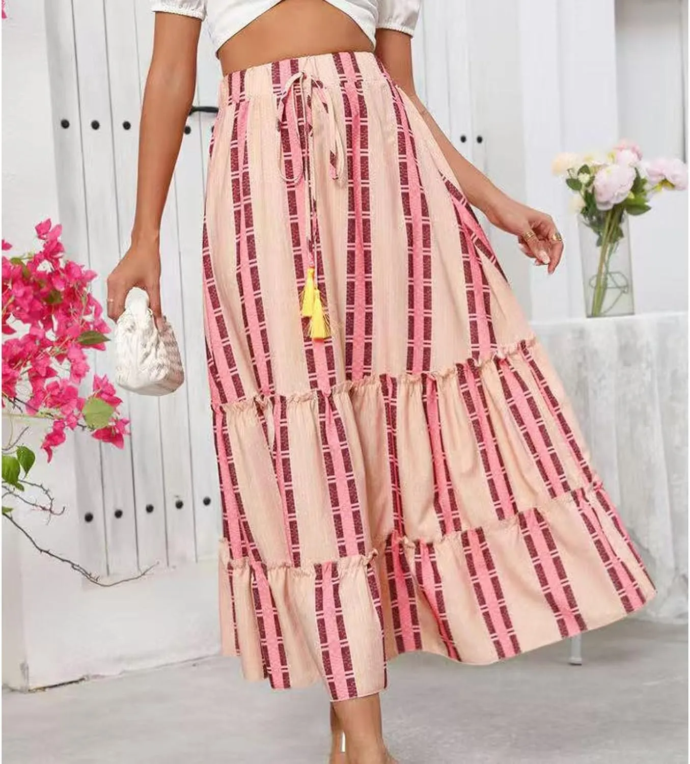 Beach Vacation Clothes for Women Summer Loose Casual Trendy Vintage Floral Printed Elastic Waist Boho Skirts, S-XL