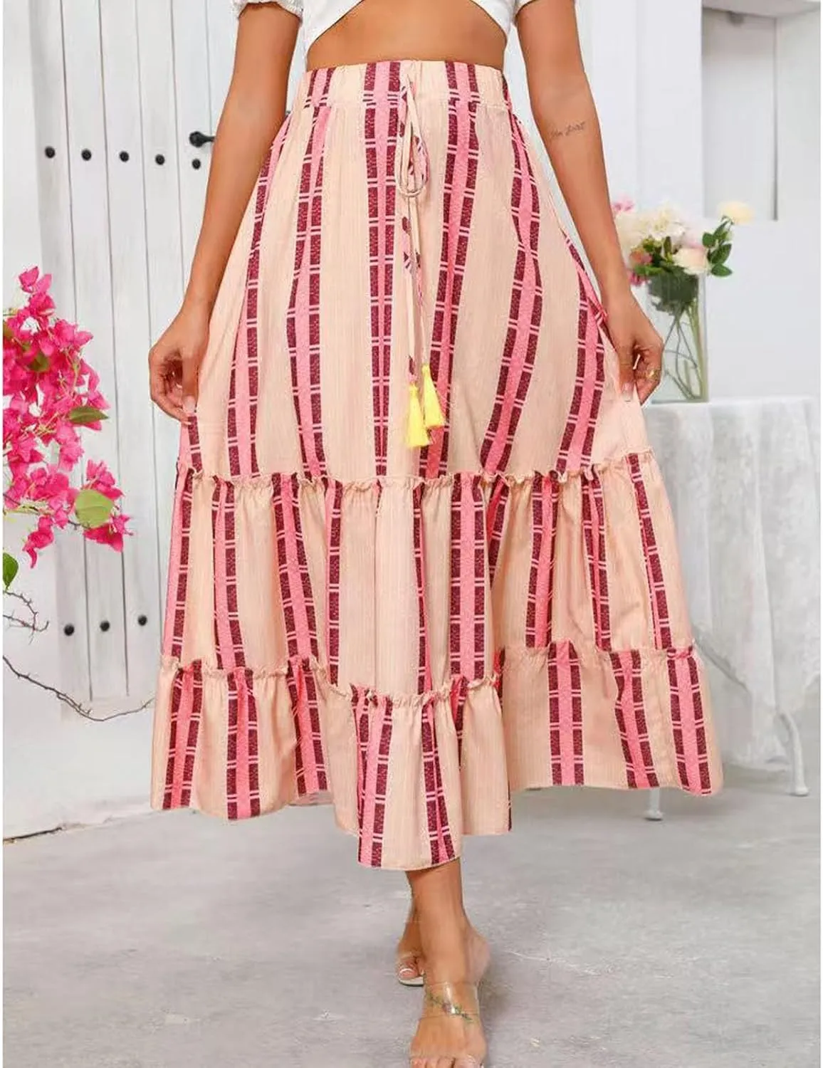 Beach Vacation Clothes for Women Summer Loose Casual Trendy Vintage Floral Printed Elastic Waist Boho Skirts, S-XL