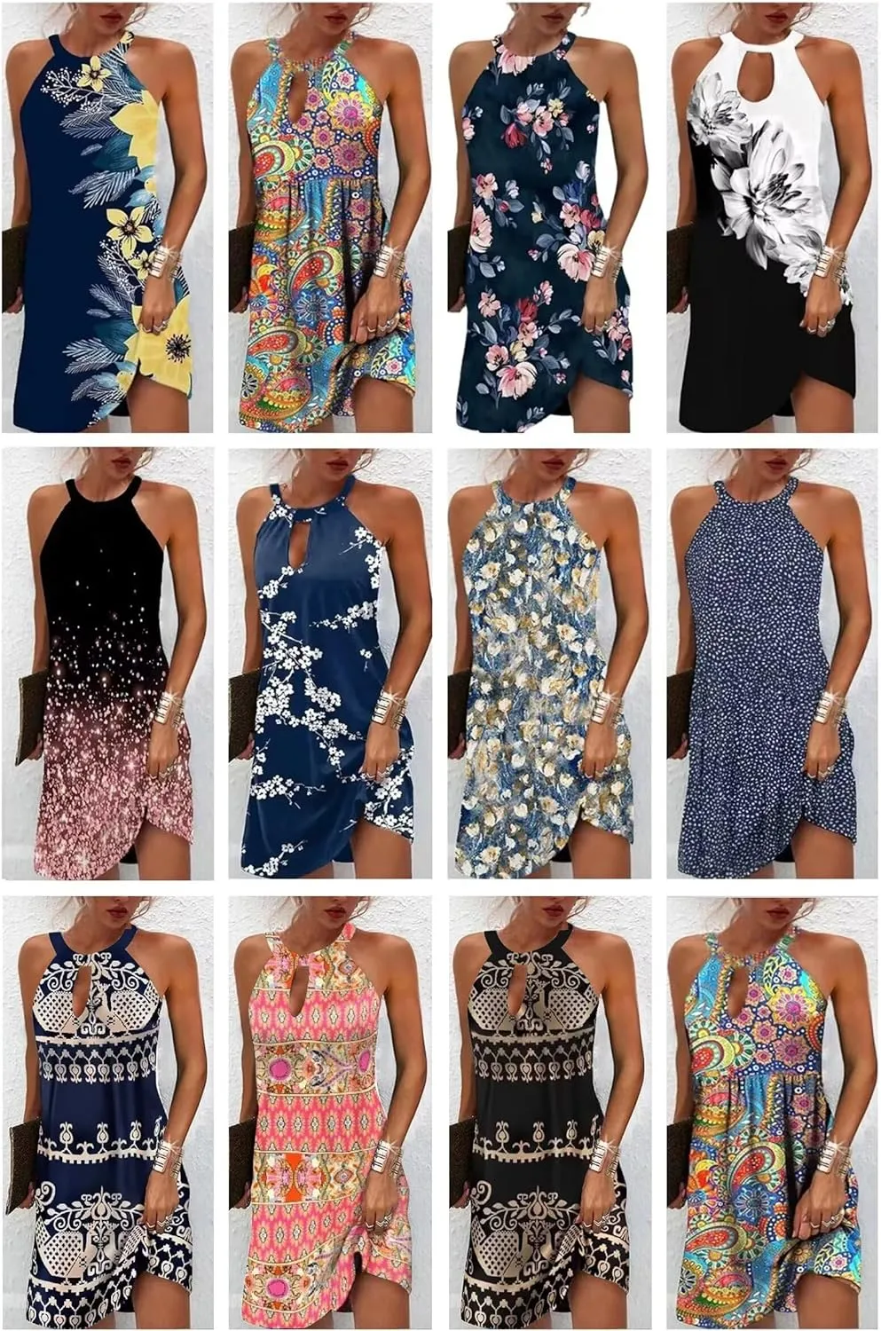 Beimuc Women Summer Sleeveless Halter Neck Dresses 2025 Casual Floral Print Dress Mid Sun Dress for Party Beach Vacation