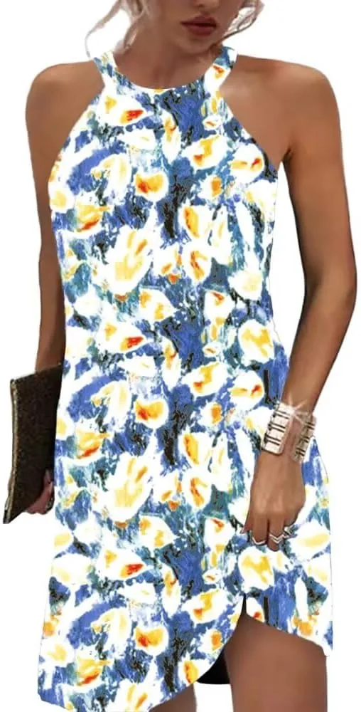 Beimuc Women Summer Sleeveless Halter Neck Dresses 2025 Casual Floral Print Dress Mid Sun Dress for Party Beach Vacation