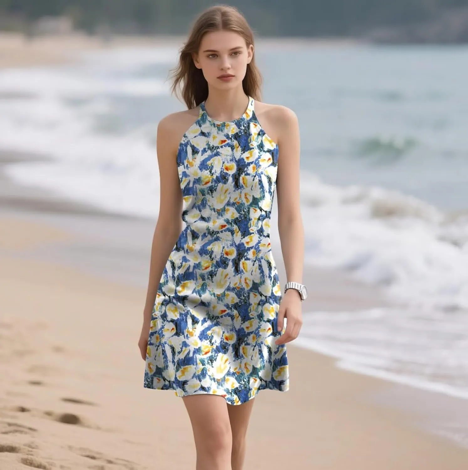 Beimuc Women Summer Sleeveless Halter Neck Dresses 2025 Casual Floral Print Dress Mid Sun Dress for Party Beach Vacation