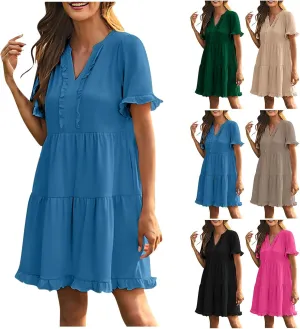 Boho Beach Dresses for Women 2025 Vacation Cute Doll Collar Pleated Flowy Ruffle Dress Summer Casual Swing Midi Dress
