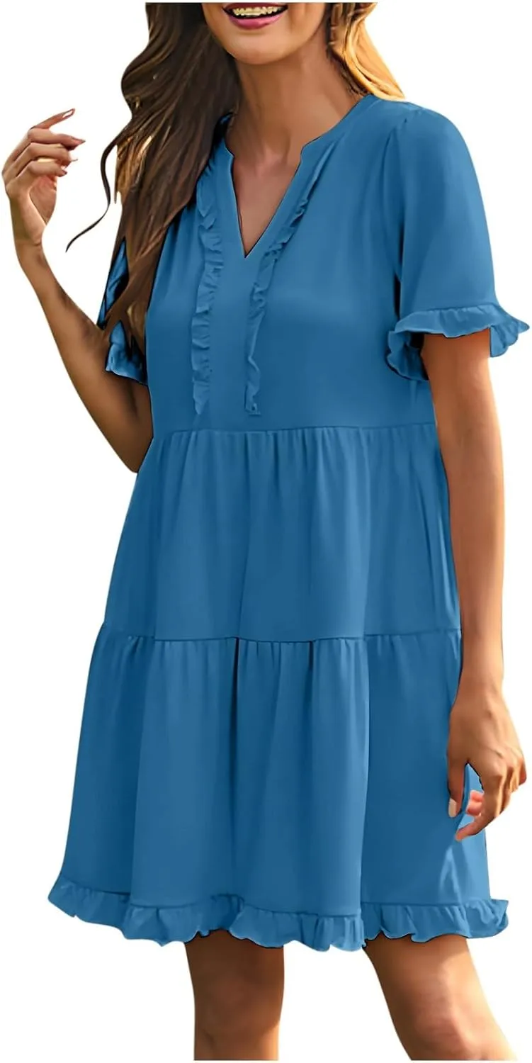 Boho Beach Dresses for Women 2025 Vacation Cute Doll Collar Pleated Flowy Ruffle Dress Summer Casual Swing Midi Dress
