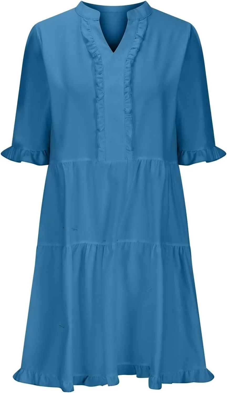 Boho Beach Dresses for Women 2025 Vacation Cute Doll Collar Pleated Flowy Ruffle Dress Summer Casual Swing Midi Dress