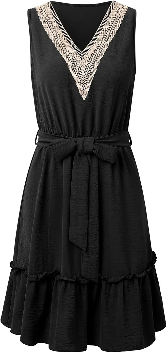 Boho Dresses for Women 2025 Summer Casual V Neck Short Dress Cotton Elastic Waist Sundress Smocked Flowy Tank Dress