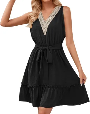 Boho Dresses for Women 2025 Summer Casual V Neck Short Dress Cotton Elastic Waist Sundress Smocked Flowy Tank Dress