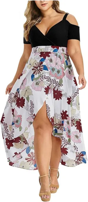 Boho Dresses for Women,2024 Spring Summer Elegant Wrap V Neck Plus Size Dress,Romantic Flowy Slit Irregular Hem Beach Dress,Trendy Cold Shoulder Floral Print Wedding Guest Dress(C-Black,4XL)