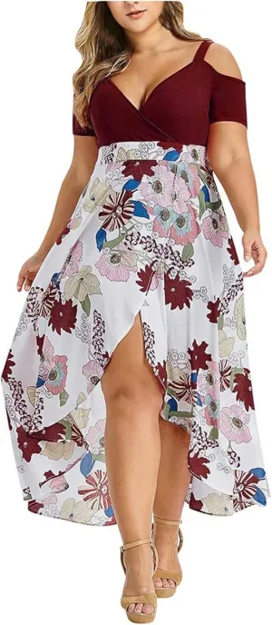 Boho Dresses for Women,2024 Spring Summer Elegant Wrap V Neck Plus Size Dress,Romantic Flowy Slit Irregular Hem Beach Dress,Trendy Cold Shoulder Floral Print Wedding Guest Dress(C-Wine,XL)