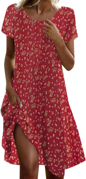 Boho Floral Dress for Women Plus Size Casual Loose Flowy Midi Sundress Summer Short Sleeve Vintage Beach Dresses