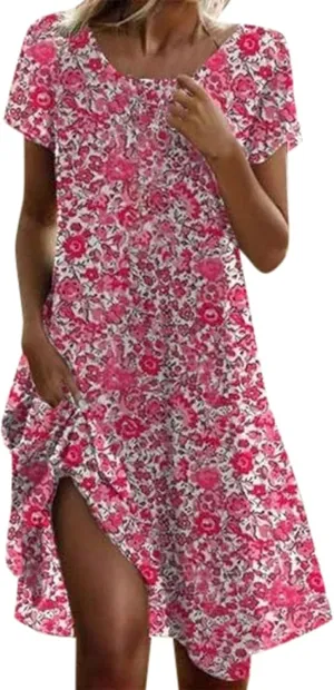 Boho Floral Dress for Women Plus Size Casual Loose Flowy Midi Sundress Summer Short Sleeve Vintage Beach Dresses
