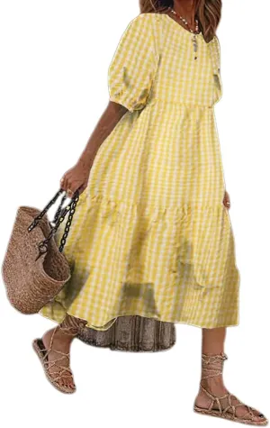 Boho Maxi Dress for Womens Puff Short Sleeve Smocked Dress Casual Beach Oversized Tiered Swing Maxi Sundress