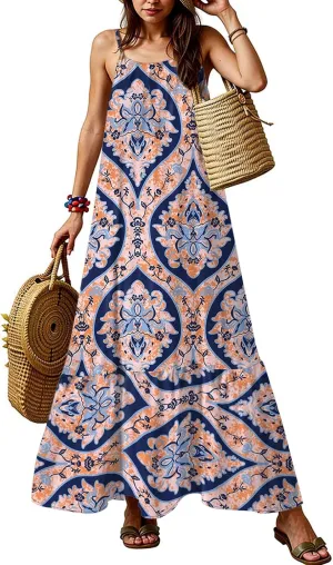 Boho Sun Dresses for Women 2025 Vacation Casual Summer Spaghetti Strap Maxi Dress Beach Bohemian Long Flowy Dress