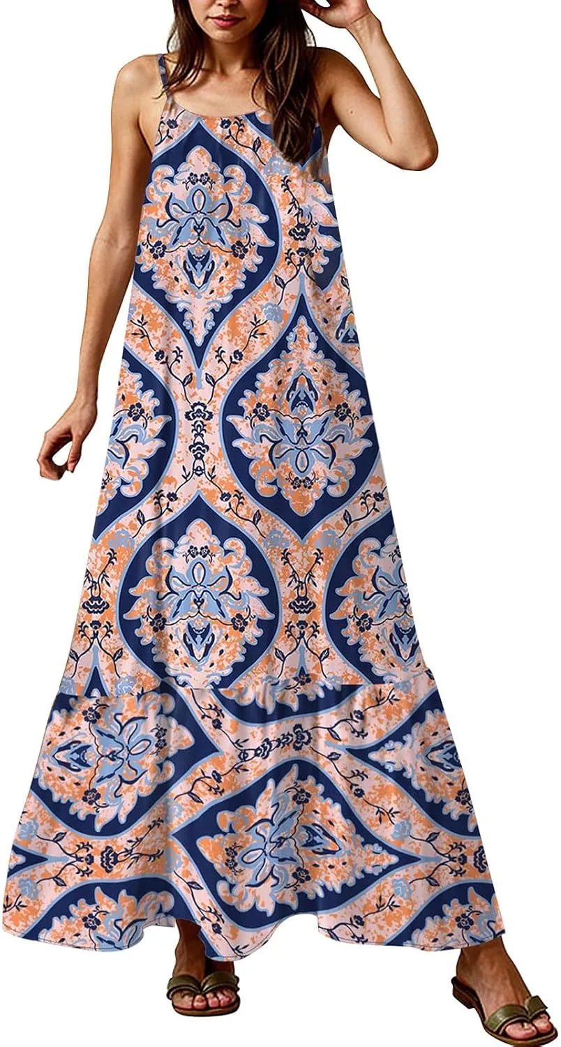 Boho Sun Dresses for Women 2025 Vacation Casual Summer Spaghetti Strap Maxi Dress Beach Bohemian Long Flowy Dress