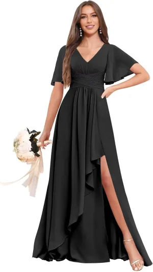 BOLENSYE Bridesmaid Dresses for Women with PocketsShort Sleeve Ruffles Evening Party Gown