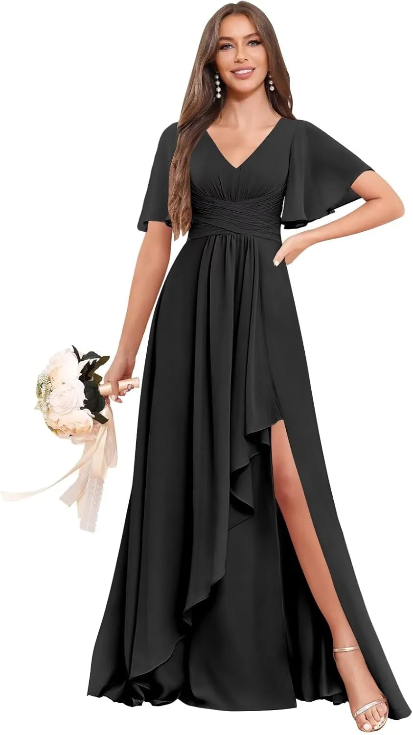 BOLENSYE Bridesmaid Dresses for Women with PocketsShort Sleeve Ruffles Evening Party Gown