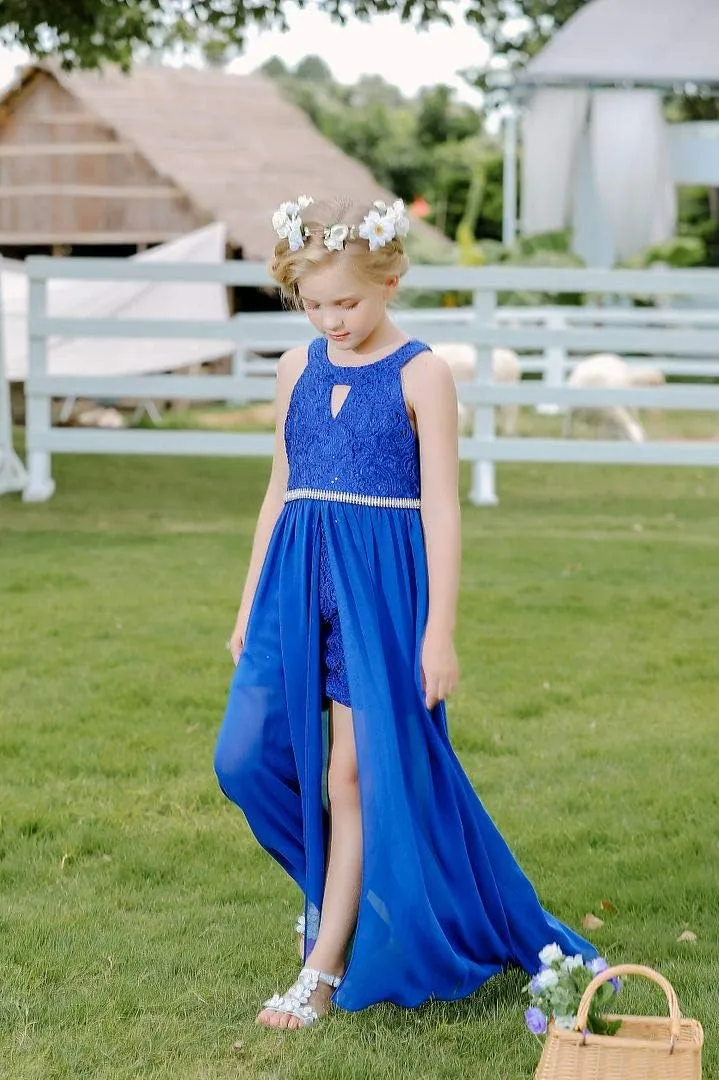 Bow Dream Chiffon Junior Bridesmaid Dresses Girls Wedding Party Rhinestone Maxi Long Evening Gown Dance Wear