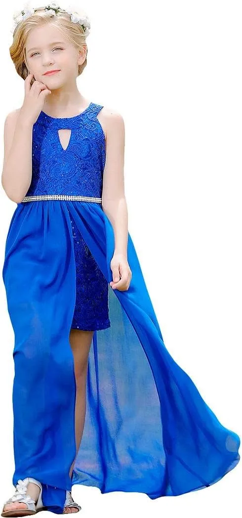 Bow Dream Chiffon Junior Bridesmaid Dresses Girls Wedding Party Rhinestone Maxi Long Evening Gown Dance Wear
