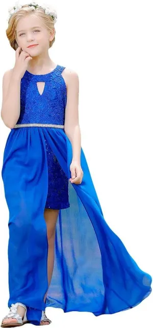 Bow Dream Chiffon Junior Bridesmaid Dresses Girls Wedding Party Rhinestone Maxi Long Evening Gown Dance Wear