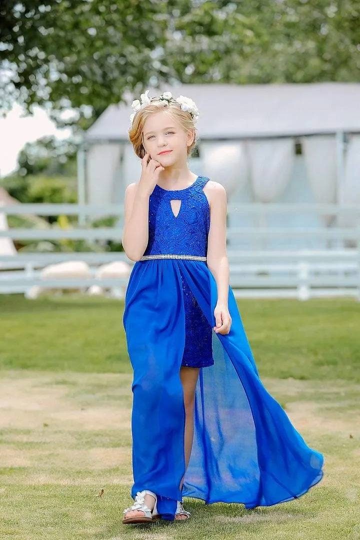Bow Dream Chiffon Junior Bridesmaid Dresses Girls Wedding Party Rhinestone Maxi Long Evening Gown Dance Wear