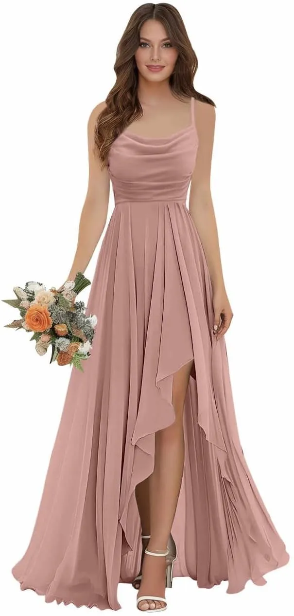 Bridesmaid Dresses for Women Spaghetti Straps A Line High Low Hemline Chiffon Summer Wedding Guest Dress