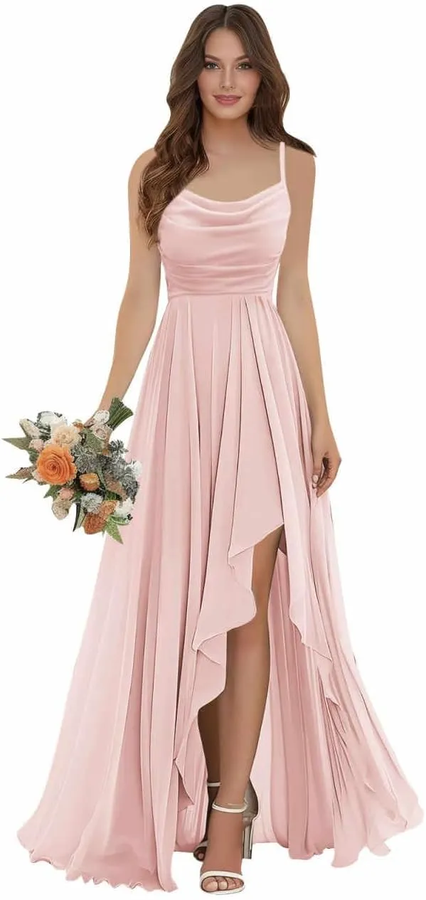 Bridesmaid Dresses for Women Spaghetti Straps A Line High Low Hemline Chiffon Summer Wedding Guest Dress
